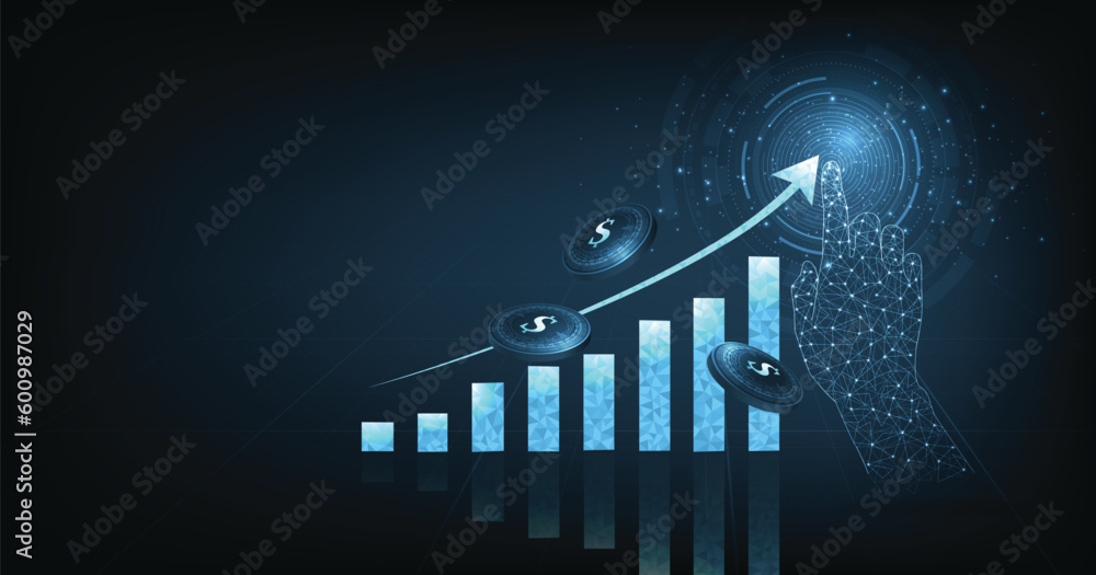 Leinwandbilder Concept of growth business on successful with graph icon up digital on dark blue background. growing graph icon from triangle line particle design low poly.	