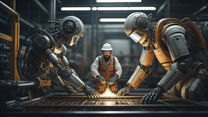 Mechanized industry robot and human worker working together. Generative AI