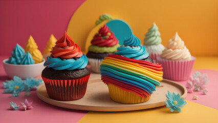 Birthday cupcake. Rainbow Cup. Generative AI
