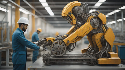 Mechanized industry robot and human worker working together. Generative AI