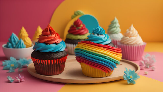 Fototapeta Birthday cupcake. Rainbow Cup. Generative AI