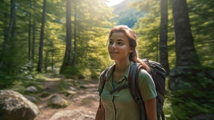 Naklejka premium A girl on a hiking trail in the middle of a lush forest during spring. Generative AI.