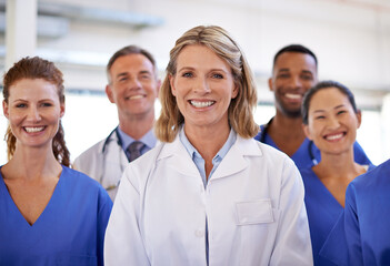 Healthcare, portrait of medical team smiling and in hospital building. Teamwork or collaboration,...