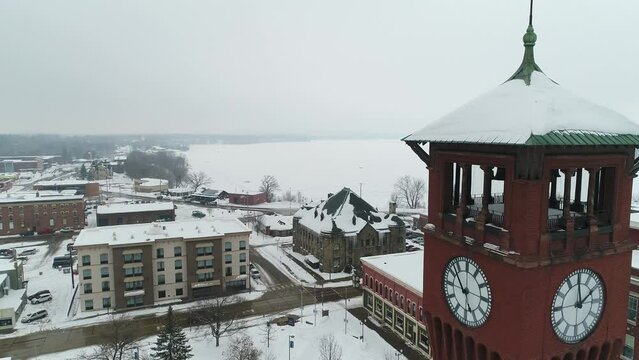 Aerial, University of Wisconsin Stout campus during winter, focus on clock tower