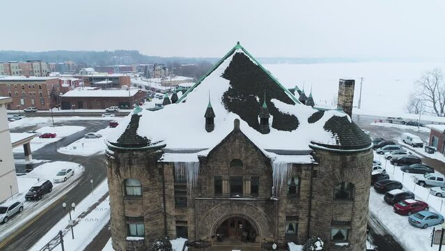 Aerial, Mabel Tainter Theater in Menomonie Wisconsin during winter