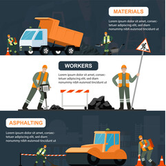 road repair banners. outdoor working serviceman in uniform road repair. Vector cartoon template with place for text