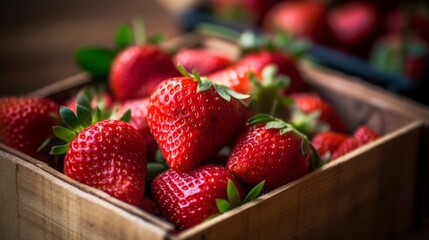 Lots of baskets with fresh ripe strawberries for sale at farmers market closeup. Generative AI.