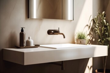 Fototapeta na wymiar modern interior room luxury design house sink faucet sunlight bathroom counter. Generative AI.