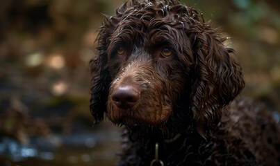 close up photo of Irish water spaniel on blurry forest background of its natural habitat. Generative AI