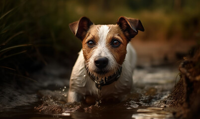 photo of Jack Russell Terrier running in a forest river. Generative AI