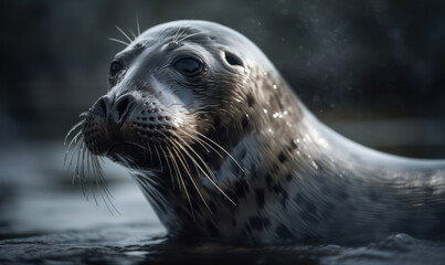 Obraz premium close up photo of hooded seal on blurry background of its natural habitat. Generative AI