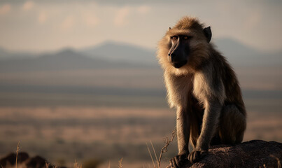 Majestic hamadryas (sacred baboon) perched on a rocky outcrop, overlooking a vast African savannah landscape. Its piercing gaze and powerful stance exude dominance and strength. Generative AI