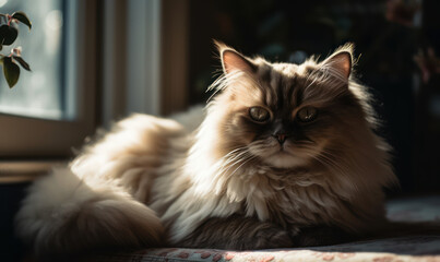 Photo of Himalayan cat lounging in a sun-drenched window sill, surrounded by luxurious pillows & draped in silky fur. portrait captures the regal grace & beauty of the Himalayan breed. Generative AI