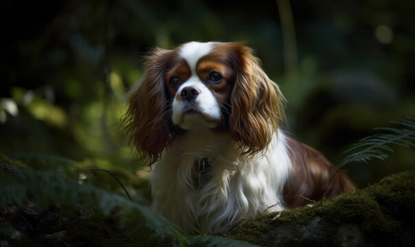 photo of Japanese spaniel on blurry forest background. Generative AI