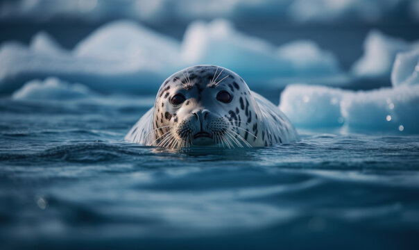 Photo of harp seal, floating gracefully on a vibrant, icy blue Arctic sea, The photo is emphasizing the details and textures of the seal's fur and the water droplets on its whiskers. Generative AI