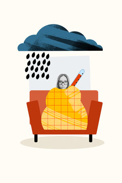 Vertical collage image of unsatisfied girl covered sit sofa drawing blanket thermometer stormy cloud rain isolated on white background