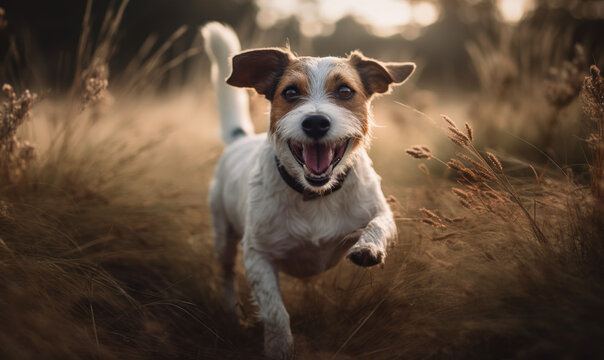 Field Adventure: Jack Russell Terrier energetically bounding through field of tall grass, tongue out and eyes bright with excitement. image captures dogs lively & exuberant spirit. Generative AI