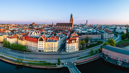 Wrocław Nowy Świat street overlooking the Old Town aerial panorama at sunset.