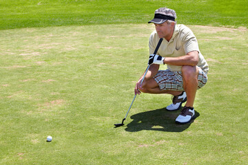 Golf, thinking and green with a sports man outdoor, playing a game for recreation on grass during...