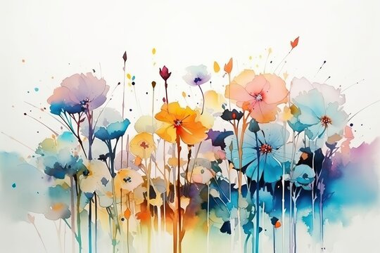 A colorful painting of flowers on a white background Colorful abstract flower meadow illustration © Yan