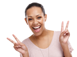 Peace sign, smile or portrait of happy woman isolated on transparent png background with positive mindset. Beauty, emoji or face of an excited Brazilian girl model with hand gesture for excitement