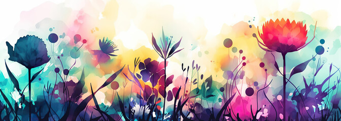 Fototapeta na wymiar A colorful painting of flowers on a white background Colorful abstract flower meadow illustration
