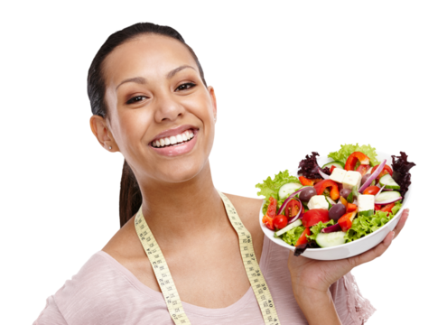 Tape measure, salad and woman in portrait isolated on transparent, png background for healthy food or nutritionist breakfast. Person or model eating fruits, vegetables or lettuce for lose weight diet