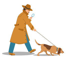 Detective holding magnifying glass follows trail with dog - obrazy, fototapety, plakaty