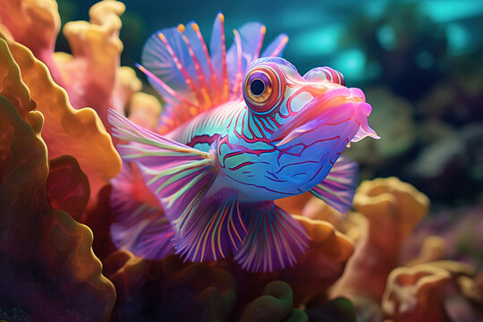 colorful mandarin fish with coral