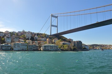 Naklejka premium Istanbul, Turkey, 04.29.2023: 15th of July Bridge on marmara sea. Sea of Marmara between the European side and the Asian side.