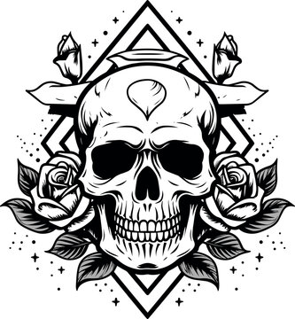 skull and rose day of the dead icon in black and white