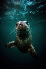 Lion de mer de Steller, sous la surface de la mer en train de nager