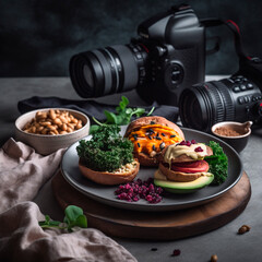 camera on a wooden background with food