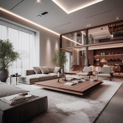 modern living room in beige and brown tones