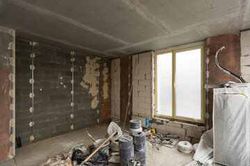 tools for apartment repair, walls in apartment is under construction, remodeling, renovation,...