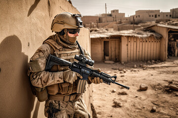 Soldier in a desert village with an automatic weapon