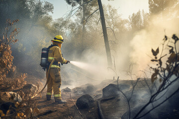 Firefighter putting out a fire in a forest with a hose