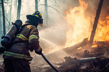 Naklejka premium Firefighter putting out a fire in a forest with a hose