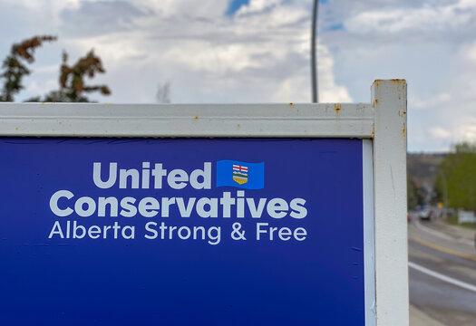 Calgary, Alberta, Canada. May 9, 2023. A close up to a United Conservatives Party sign with the text: Alberta Strong and Free. Concept: Alberta election campaigns