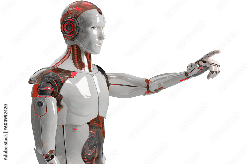 Poster isolated robot using artificial intelligence. futuristic cyborg pointing finger. 3d rendering white 