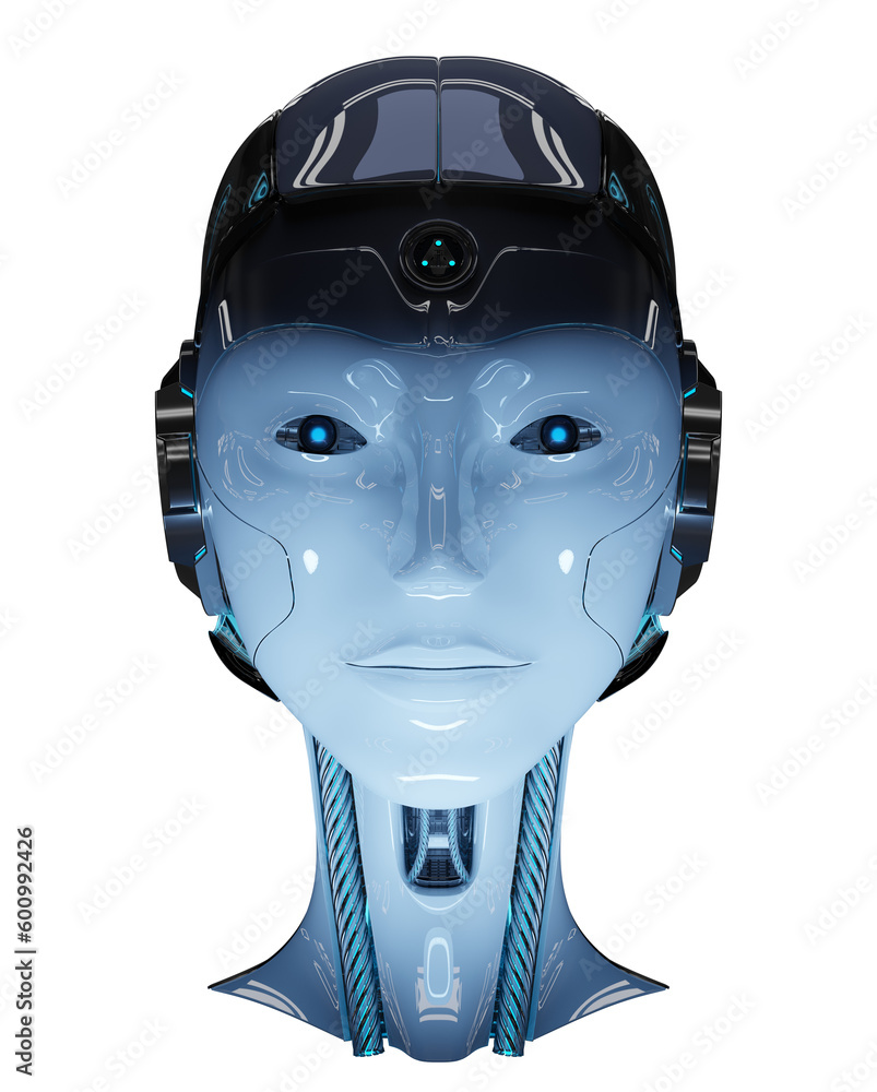 Poster isolated woman robot head with modern studio lights. 3d rendering of cyborg humanoid female face on 