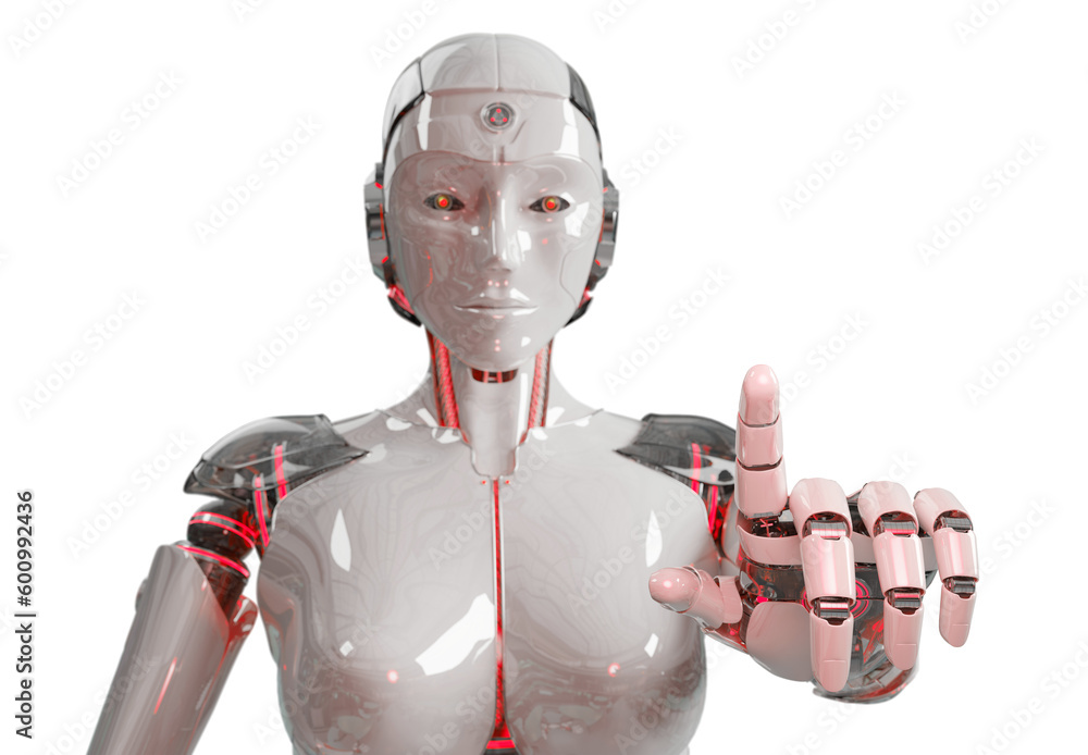 Poster isolated woman robot using artificial intelligence. futuristic cyborg pointing finger. 3d rendering 