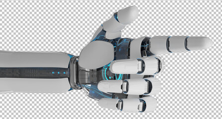 Isolated robot hand pointing finger. 3D rendering white and blue cyborg arm. Humanoid fingers cut out with transparent background