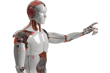 Isolated robot using artificial intelligence. Futuristic cyborg pointing finger. 3D rendering white and red humanoid cut out with transparent background