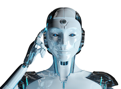 Futuristic woman robot touching her head. Isolated cyborg using artificial intelligence. 3D rendering white and blue humanoid cut out with transparent background
