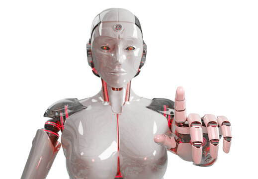Isolated woman robot using artificial intelligence. Futuristic cyborg pointing finger. 3D rendering white and red humanoid cut out with transparent background