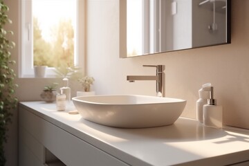 Obraz na płótnie Canvas bathroom design interior house window counter sink modern faucet luxury sunlight. Generative AI.