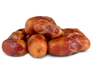 Heap of dried dates with shadow isolated on a transparent background.