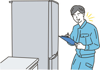キッチンの冷蔵庫を確認する若い男性作業員
