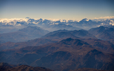 Andes Mountains from above. Aerial view with the amazing landscape of Andes in Argentina.